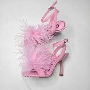 Gianni Bini Neela Feather Square Toe Dress Sandals Heels Ankle Strap Pink